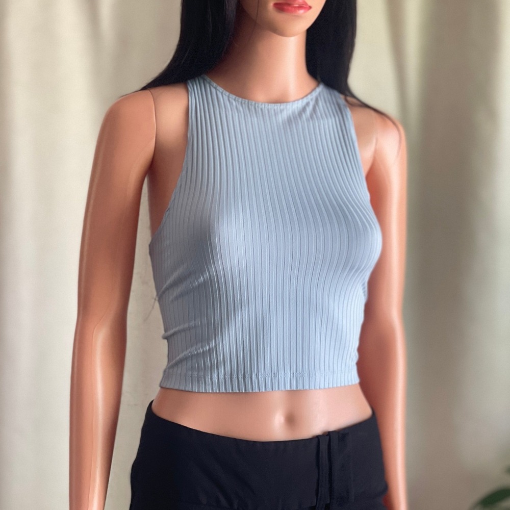 American Apparel Blue Ribbed High Neck Crop Top Basics Minimalist Y2K Size M